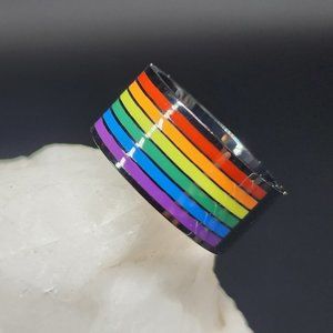Black Rhodium Rainbow Hand Enameled Designer Ring Unisex Jewelry